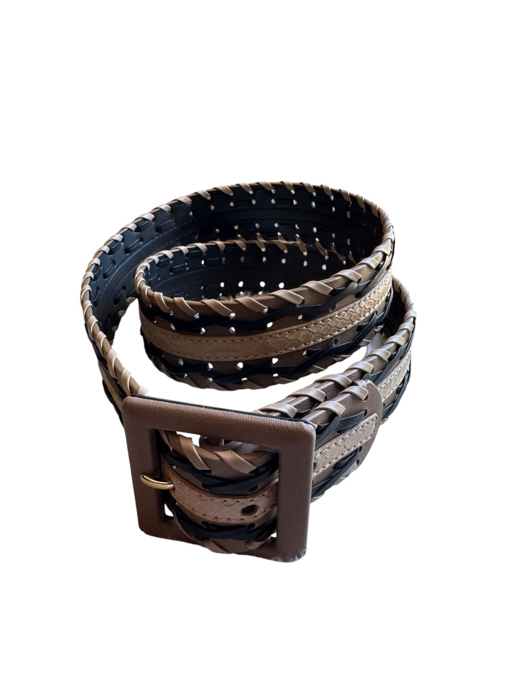 NEW Cabi Tread Belt Handwoven Black Tan Cream Leather Square Buckle Size Small
